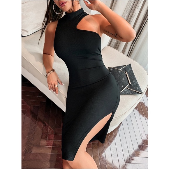 Black Asymmetrical Mock Neck Leg Slit Bodycon Dress Knee Length - Picture 5 of 8